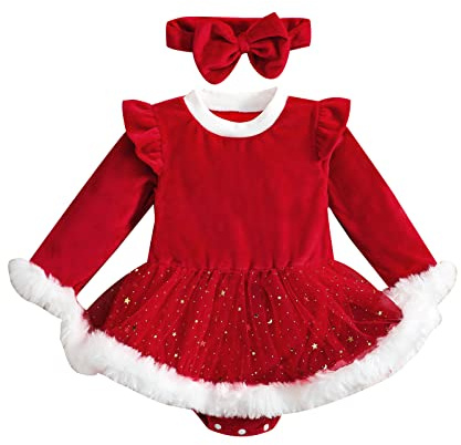 Geagodelia 2 pièces ensemble de Noël pour bébé fille Combinaison rouge à manches longues + bandeau avec nœud Robe de Noël pour bébé fille 0-24 mois