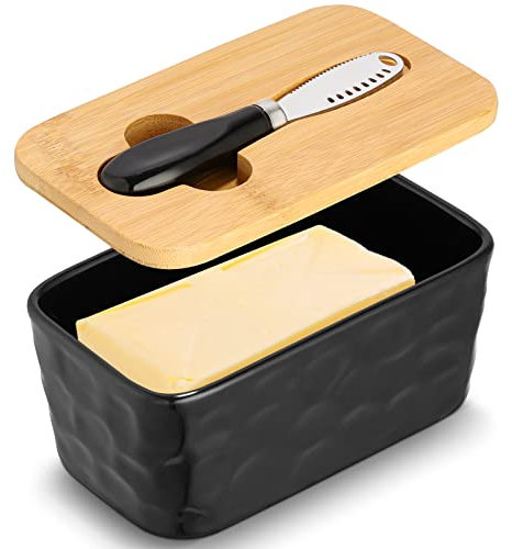 Porcelain Butter Dish, European Size Ceramic Butter Container with Wooden Lid, Double Silicone Seals Design Butter Box for Butter, Nuts, Cheese, 650ml（Black）