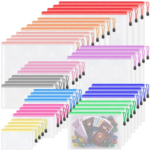 Smarpau 44PCS Plastic Zip Wallets, 8 Sizes Mesh Zipper Bags Plastic Folders, Waterproof Zip Lock Storage Bags Document Wallet for School, Office Supply, Home and Travel (11 Colors)
