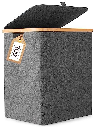 Rieeyrslza Wäschekorb mit Deckel 60L Wäschekorb aus Bambus, Faltbar Oxford Tuch Wäschesortierer Aufbewahrungsbox für Kleidung, Decken und Geeignet für Wohnzimmer und Schlafzimmer (Grau)