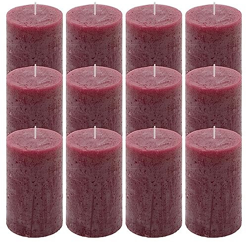 Rustik-Kerze Höhe 11,5 cm Ø 6,8 cm lange Brenndauer Rund-Kerze Säulenkerzen Kerzen-Deko Tafelkerzen Weihnachts-Kerzen Hochzeits-Deko (bordeaux, 12)