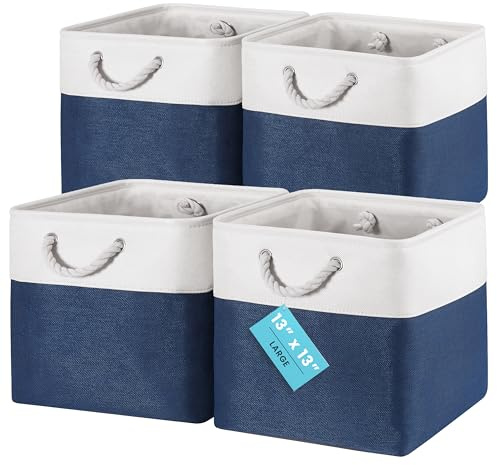 OrganiHaus Juego de 4 Cubos de Almacenamiento de 33x33cm, Cestas de Tela con Asas de Cuerda, Cubos de Almacenamiento Plegables para Librería Kallax, Contenedores para Guardería. Azul Marino/Blanco
