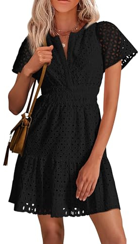 PRETTYGARDEN Womens 2025 Summer Short Dress V Neck Short Sleeve A Line Hollow Out Lace Ruffle Cute Casual Beach Party Dresses (Black,Large)