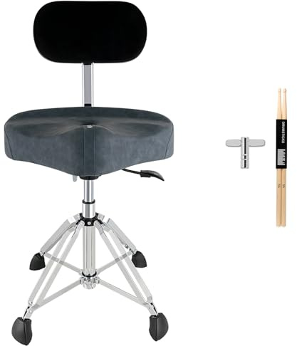 ROWELL Drum Throne with Backrest Hydraulic Drum Stool Height Adjustable Airlift Drum Thrones 4 Leg Heavy Duty Drum Seat 4.3 in Thick Padded Drum Chair Drum Stools for Drummers,Guitar Players (Blue)