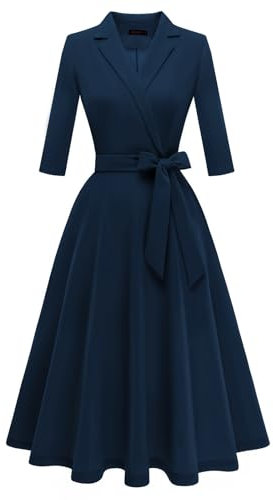 Meetjen Women's Wrap Flared Midi Dress A-Line Wedding Guest Cocktail Tea Party 3/4 Sleeve Formal Dresses,Navy,L