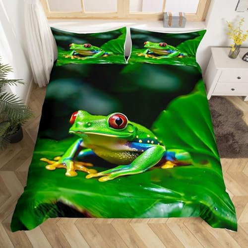 TACOKI Bettwäsche 135x200 Frosch, 3D Muster Laubfrosch-Palmblatt Bettwäsche Set Weich Kuschelig Mikrofaser Bettbezug mit Reißverschluss Bettbezüge + 2 Kissenbezug 80x80 cm 3253z