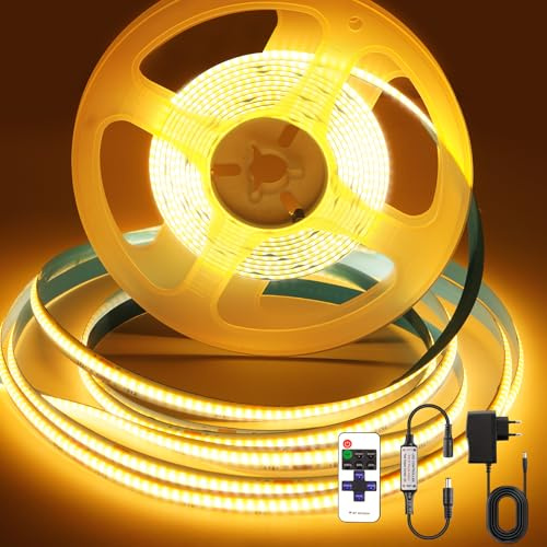 PSTAR Tira LED COB 3 m, 2700K Luce Led Blanco Cálido, Tira LED COB Regulable de 24V, Ancho 8mm, con Control Remoto y Fuente de Alimentación, para Decoración del Hogar, Cocina, Espejo