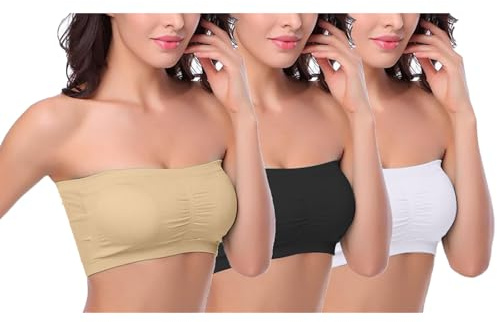 TYHONEYS Lot de 3 Soutien Gorge sans Bretelles Brassiere Femme Bandeau Invisible Push Up Sexy Maintien Fort Non Rembourré sous-Vêtements sans Couture Blanc Beige Noir XXL