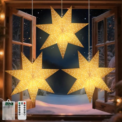 Lewondr Lanterne Di Carta Stella Natalizie 3PCS, Luci Appendibili Stella A 7 Puntoni Con Punti Traforati, Lanterne Di Carta LED Con Timer 6H Per Decorazione Casa Festiva, Con Telecomando, Luce Calda