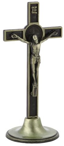 HOBBIESAY Crucifijo de pie de 11,5 cm de alto, espiritual cristiano, Jerusalén, cruz de bronce antiguo, con base de aleación de zinc, crucifijo para mesa, pared, hogar, iglesia, decoración bautismal