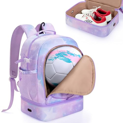 Smasrob Soccer Bags for Girls with Separate Ball Pocket and Shoe Compartment, Sports Backpack for Soccer, Basketball, Volleyball, Purple