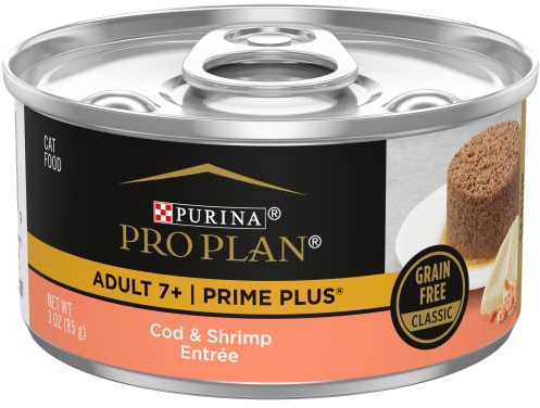 Purina Pro Plan Grain Free Senior Wet Cat Food Pate, SENIOR Prime Plus Cod & Shrimp Entree - (Pack of 24) 3 oz. Pull-Top Cans