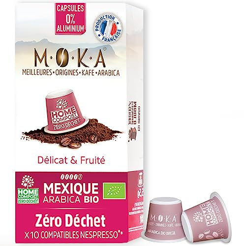 MOKA 100% Pure Arabica dal Messico - Intensità 8 - Caffè Bio Delicato e Fruttato - 10 Compatibile con le Capsule Nespresso Zero Rifiuti - Biodegradabili e Home Compost - Espresso e Lungo - Francia