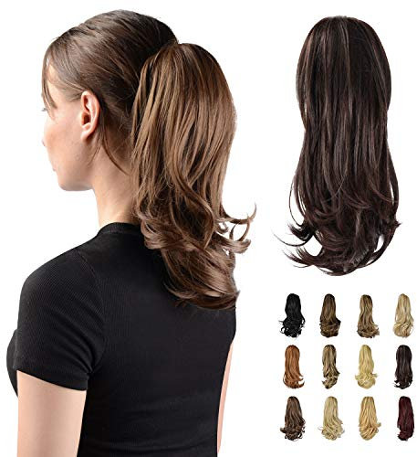 Sofeiyan 33cm Pferdeschwanzverlängerung Langer Lockiger Pferdeschwanz Clip in Klaue Haarverlängerung Natürlich Aussehendes Synthetisches Haarteil für Frauen, Dunkelstes Braun Gemischt Dunkles Auburn