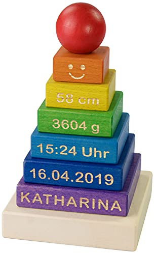 LAUBLUST Stapelturm Personalisiert - Name & Geburtsdaten - Steckturm Holz, Bunt ca. 11x11x19 cm - Geschenk zur Geburt & Taufe