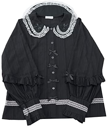 Chemisier à manches longues et chemises vintage gothique Lolita mignon col claudine chemises élégantes en dentelle à volants hauts vintage, noir, Taille Unique