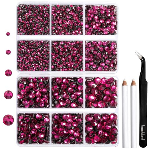 Strass Termoadesivi per Tessuti,Strass Hotfix Fucsia per Artigianato e Abbigliamento,5 Misure Miste,Cristalli Termoadesivi con Kit Pinzetta e Matita di Cera,SS6-SS30,Fucsia