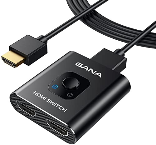 GANA HDMI Switch 2 In 1 Out, 4K@60H, 2K@144Hz Plug & Play,HDMI Umschalter mit 1.2M(3.9ft) Kabel, stabile Signalübertragung, Bidirektional HDMI Splitter für HDCP,PS5, Xbox, TV Stick, PC, Monitor