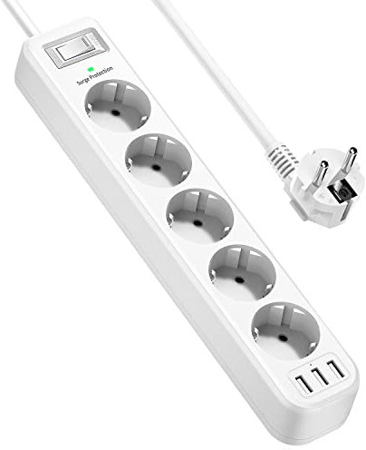 JSVER Multiprise Parasurtenseurs USB 5 Prises avec 3 Ports USB Chargeur de Voyage Multiprises Electrique(4000W 16A) parafoudre et surtension avec Cable 1,8m pour Smartphone, Maison, Bureau-Blanc