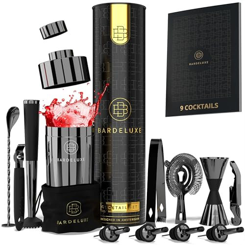 BarDeluxe® Kit Barman da 12 Pezzi, Kit Barman Completo | Shaker Cocktail da 750 ml | Set Cocktail Professionale, Kit Cocktail, Set Barman | Cocktail Set, Include Elegante Confezione Regalo(Nero)