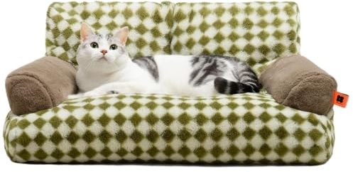 MEWOOFUN Cama Suave y Mullida para Gatos Medianos y Pequeños con Base Antideslizante, Sofá Verde