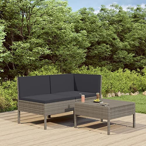 AUVYI Juego de 3 sillas de jardín con cojines de poliratán, gris, 69 x 69 x 69 cm, grupo de bancos de esquina, para sofá, comedor, balcón, sillón, sillón, exterior, cojín de respaldo, sofá, muebles de