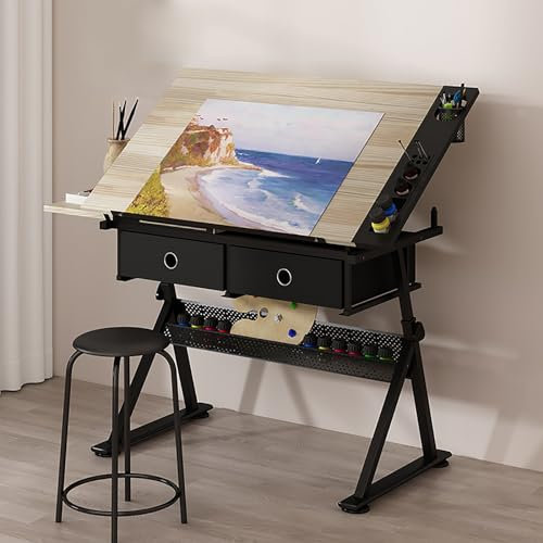 TemkIN Vintage Holz Zeichentisch & Hocker Set Künstlerschreibtisch, 0°-80° Geneigte Tischplatte, （26.8-35.8） höhenverstellbar, Zeichnung Workstation für Home Office Schule Studie