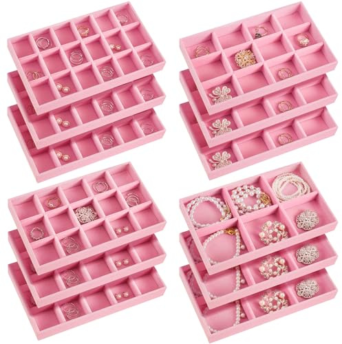 Junkin 12 Pcs Jewelry Tray Velvet Stackable Jewelry Organizer Trays Divided Earring Accessories Storage Containers Box(Pink)