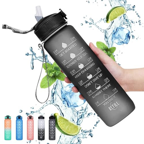 Gaiayhc Sports Gourde de motivation de 1 L avec marqueur de temps et paille, design anti-fuite pour randonnée, gym, fitness, plein air, cyclisme, école et bureau