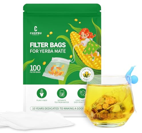 100 sacchetti filtranti per il tè, sacchetti vuoti con coulisse, infusore usa e getta per tè Yerba Mate foglie sfuse, materiale in fibra di mais naturale (10 x 8 cm)