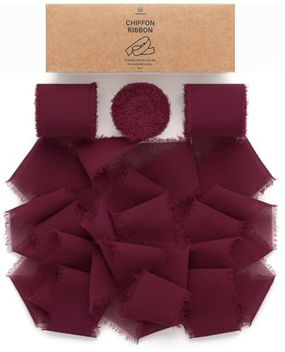 Vitalizart Chiffon Burgundy Red Gift Ribbon 3 Rolls 1.5'' x 7 Yd | 21 Yd Handmade Frayed Fringe Ribbons for Wedding Invitations, Bridal Bouquets, Gift Wrapping, Decoration, DIY Crafts