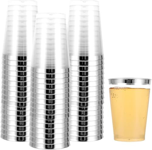 FWEEK Lot de 50 gobelets en plastique avec bord argenté, 360 ml, transparents, pour cocktail, champagne, bière, boisson, dessert