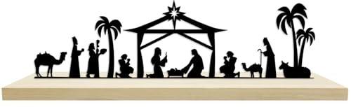 HINGTAI Décoration de crèche de Noël, crèche de Noël en métal Noir avec Base en Bois, décoration de crèche d'hiver,pour décoration de Table et d'étagère de Maison