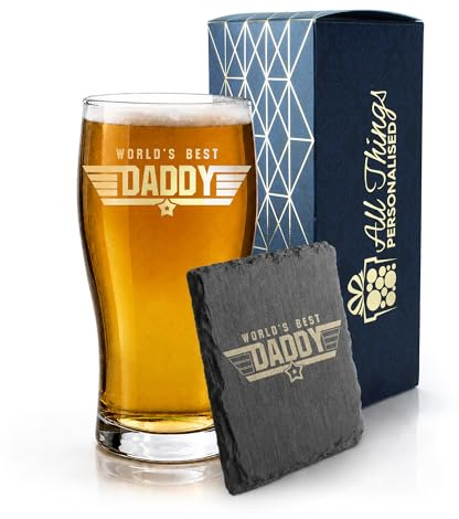 Graverat pintglas och skifferunderlägg presentset med Top Daddy, present till honom, fars dag, presentförpackning, dryckesunderlägg, ölgåva