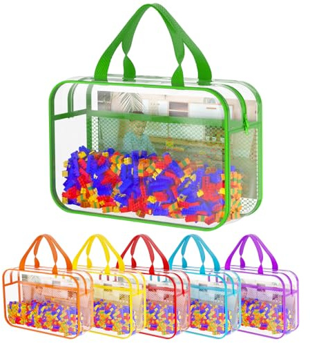 6 Pack PVC Toy Zippered Blocks, 30X23X9.7CM Large Travel Storage Case Bags for Organising, Waterproof Colourful Toy Storage Bags with Mesh Pockets for Building Blocks, Puzzles, Clays,Toy Cars