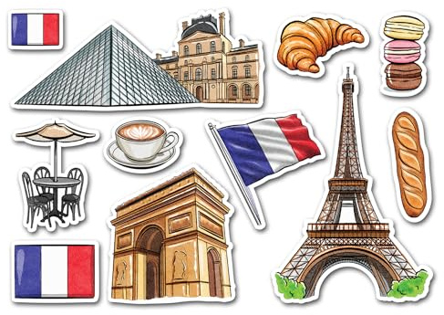 83009 - Hoja de calcomanías A5 con diseño de monumentos de París - Francia Louvre efecto acuarela mapa de la ciudad bandera de Francia estética para viajes y vacaciones