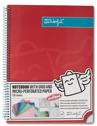 Mr. Wonderful - Cahier A4 rouge - 240 pages quadrillées micro-perforées - Couverture extra rigide - Encadrement en spirale - Autocollants inclus