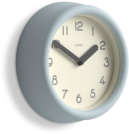 Jones Clocks® Fuze wall clock | Small round clock | Pale blue | Playful modern design with soft sculptural presence | Ideal for kitchens, living rooms, kid's bedrooms