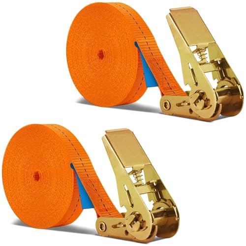 2 PCS Heavy Duty Ratchet Straps 800KG Break Strength - 12M x 25mm Adjustable Tensioning Belts Secure Car Roof Rack/Motorcycles/Surfboard Kayak/Vans/Bike/Cargo- Orange
