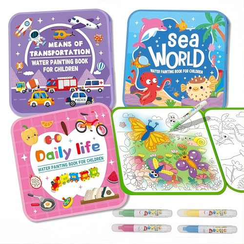 Water Painting Book for Kids - 4 Pack Magic Water Coloring Book with Water Pen Themes - Mess Free Water Art Book for Toddlers,No Mess Paint Coloring & Reusable Fun for Ages 3+ Travel Activity Toys
