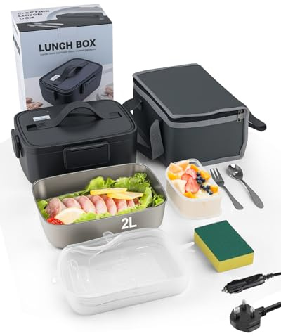 Onalix Fiambrera Eléctrica 2L Capacidad, 12V/24V/220V Bandeja Desmontable de Acero Inoxidable, Incluye Recipiente para Frutas, Cubiertos y Esponja, Ideal para Coche, Camión, Oficina y Viajes