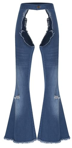 Hedmy Femme Pantalon Ouvert Entrejambe évasé Jean Pantalon Chaps Costume Cowboy Halloween Carnaval Bleu M