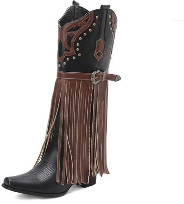 MiaZane Bottes Western Cowboy à Franges Daim Accents en Cuir Détails Cloutés Talon Large Hauteur Genou pour Rodéo Festival Danse Country Usage Quotidien,Noir,44 EU