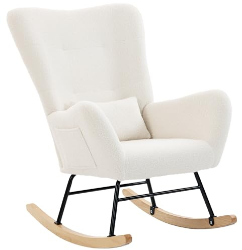 HOMCOM Silla Mecedora Moderna, Mecedora Tapizada en Terciopelo de Teddy, Sillón de Lactancia con Respaldo Acolchado Alto, Almohada, Patas de Madera, Bolsillo Lateral, para Dormitorio, Salón, Crema