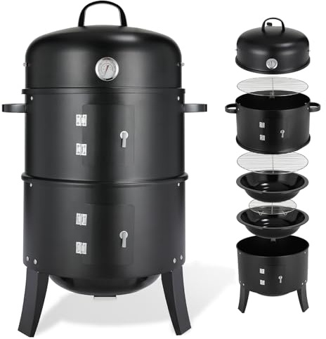 TLGREEN 3 in 1 Räucherofen, BBQ Smoker Grill mit Deckel, Thermometer, 2 Grillrost Edelstahl, 2 Wasserschale Emaille, Räuchertonne mit Griff, Watersmoker, Holzkohlegrill, für Räuchern und Grillen