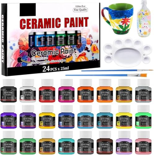 MIULEE UIPI 24 stycken porslinsfärgsset, 25 ml keramiska färger för bränning, keramisk målning, set med 1 målningspalett och 2 målningspenslar, porslinsfärg diskmaskinssäker, perfekt för koppar