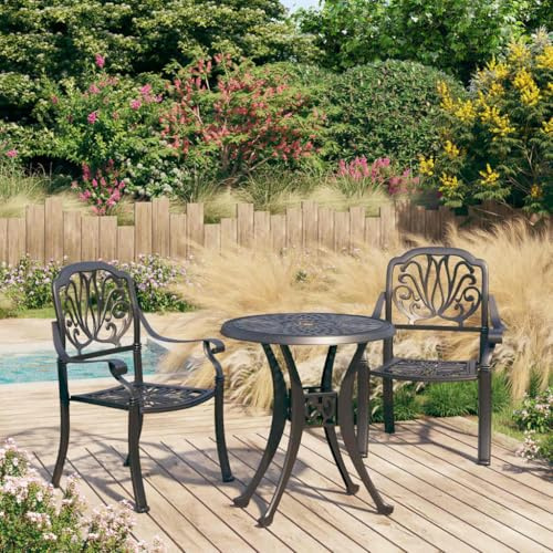 YunCangg Ensemble de bistro 3 pièces en fonte d'aluminium noir avec 2 chaises de jardin et table - Ensemble de meubles d'extérieur résistant aux intempéries pour terrasse, balcon, véranda, salon