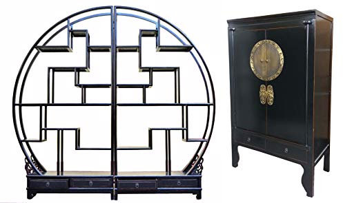 Wohnzimmer Möbelkombination asiatisches Rundregal mit passendem Hochzeitsschrank Schrank Vitrine offen rund chinesisch, Raumteiler Wandregal Hochschrank orientalisch, Vintage-Stil (schwarz)
