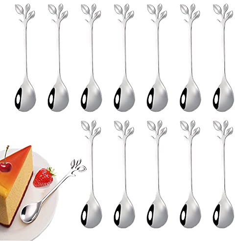 12 pezzi di cucchiaino da caffè in foglia di acciaio inossidabile, mini cucchiaio da caffè con design a ramo cucchiaio da dessert, Cucchiaio per Mescolare, usato per acqua tè latte caffè (argento)