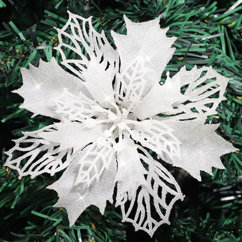 Sunshine smile 15 Stücke Weihnachten Funkeln Weihnachtsstern Blumen,Künstliche Weihnachten Blumen,Weihnachtsblumen Dekorieren,Christbaumschmuck Glitter Poinsettia,Weihnachtsbaumschmuck Ornament